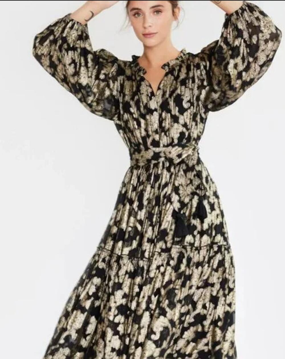 Mille Marlo Dress Black Gold Metallic Jacquard Belted Long Sleeve Women's XXS